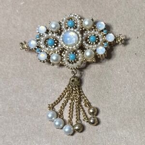 Vintage Blue Cabochon Faux Pearl Tassel‎ Brooch Gold Tone Dangle Pin Statement